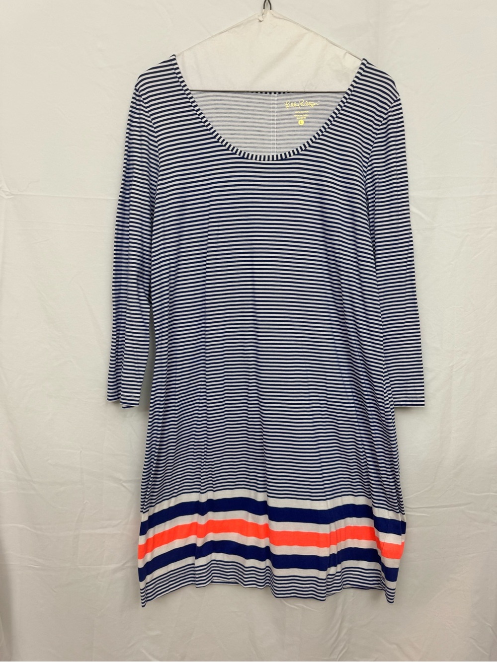 Lilly Pulitzer Navy and White Striped Scoop Neck Dress with Coral Hem Stripes
